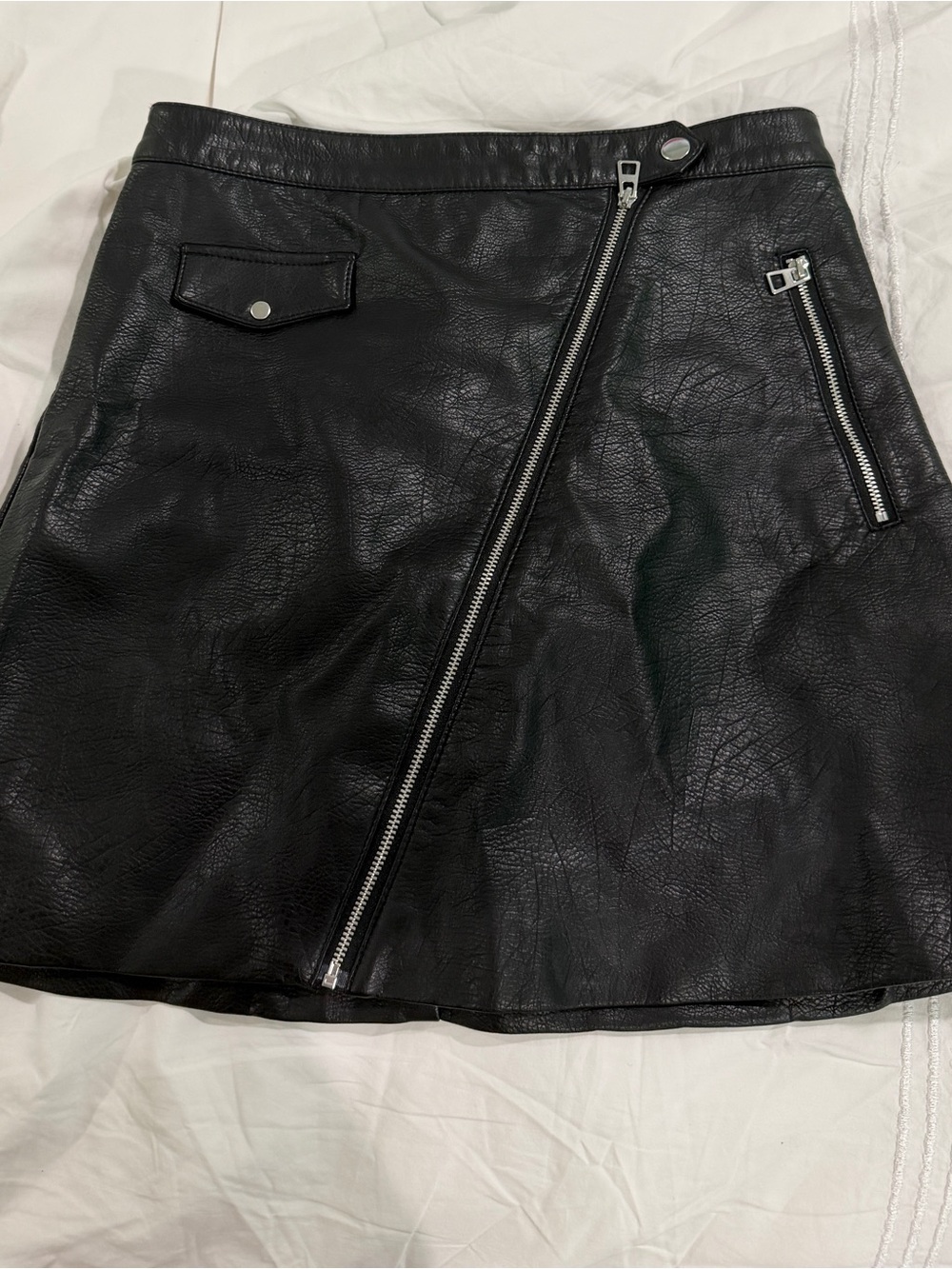 H&M Black Faux Leather Mini Skirt with Diagonal Zip